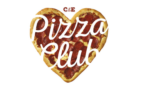 Heart shaped pepperoni pizza.  Carl & Eric's Pizza Club.